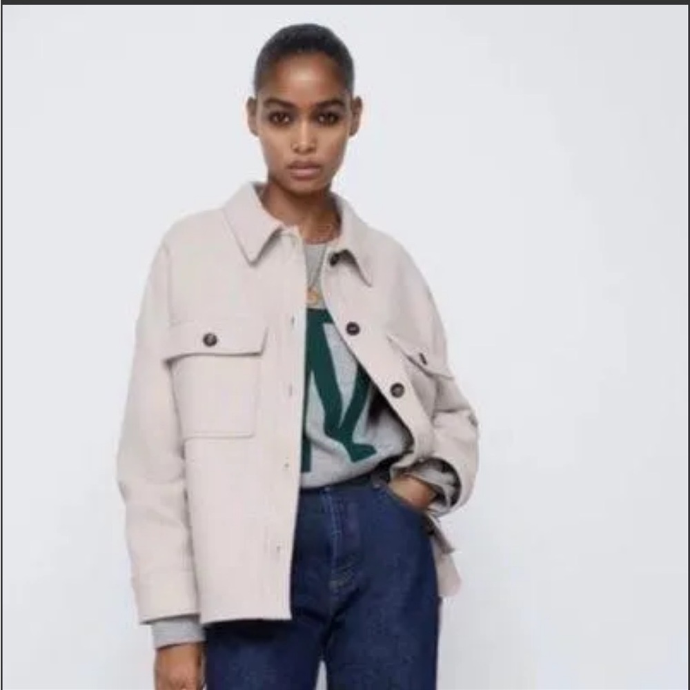 ZARA Oversized Jacket Beige Button Front Long Sleeve Shacket Women XL